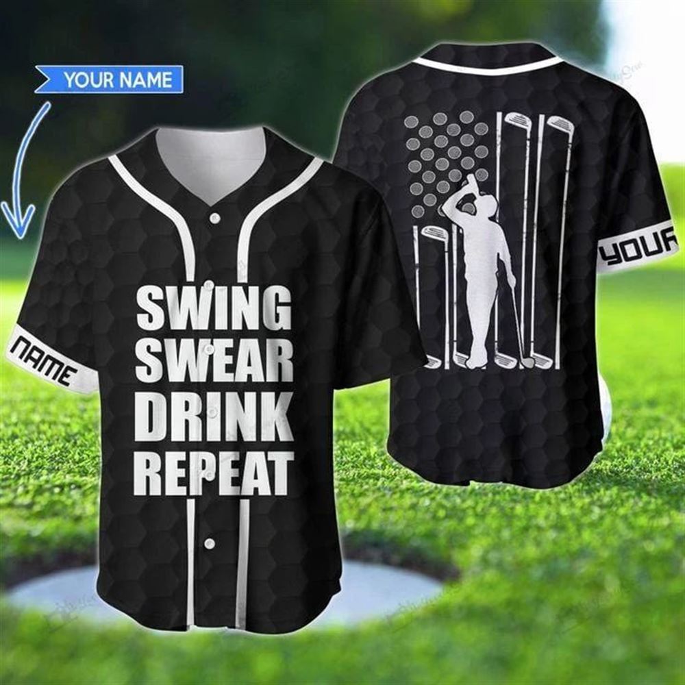 Personalized Name Golfer Swing Swear Drink Repeat Black White Baseball Jersey