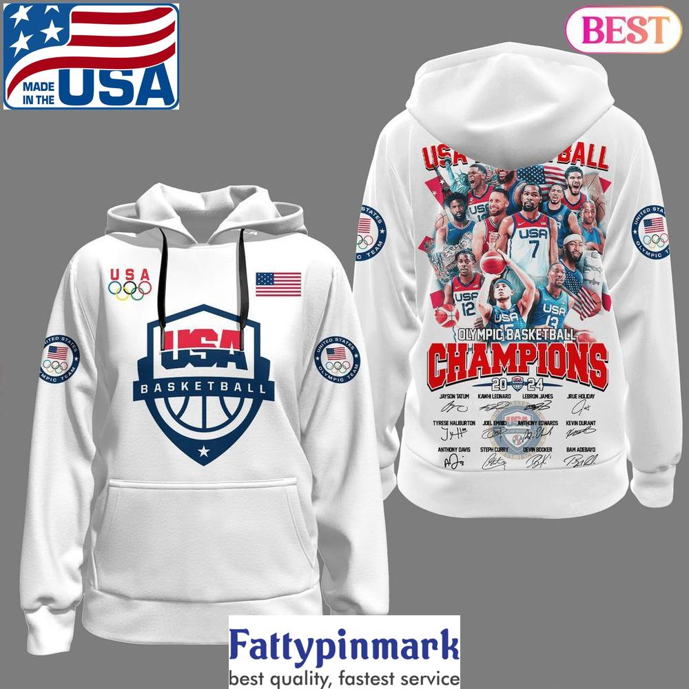 2024 USA Men Basketball Olympic Champions Signature Design Hoodie White 1