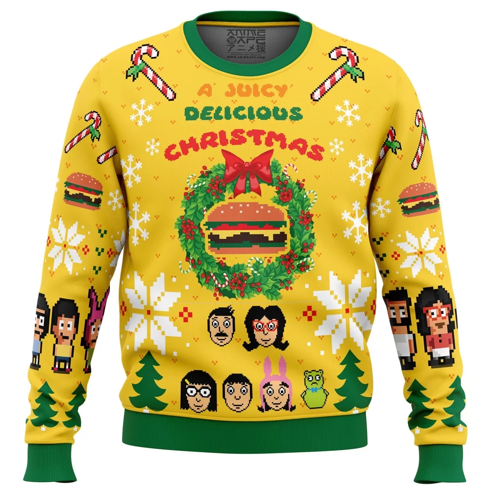 A Juicy Delicious Christmas Bobs Burgers PC Ugly Christmas Sweater front mockup