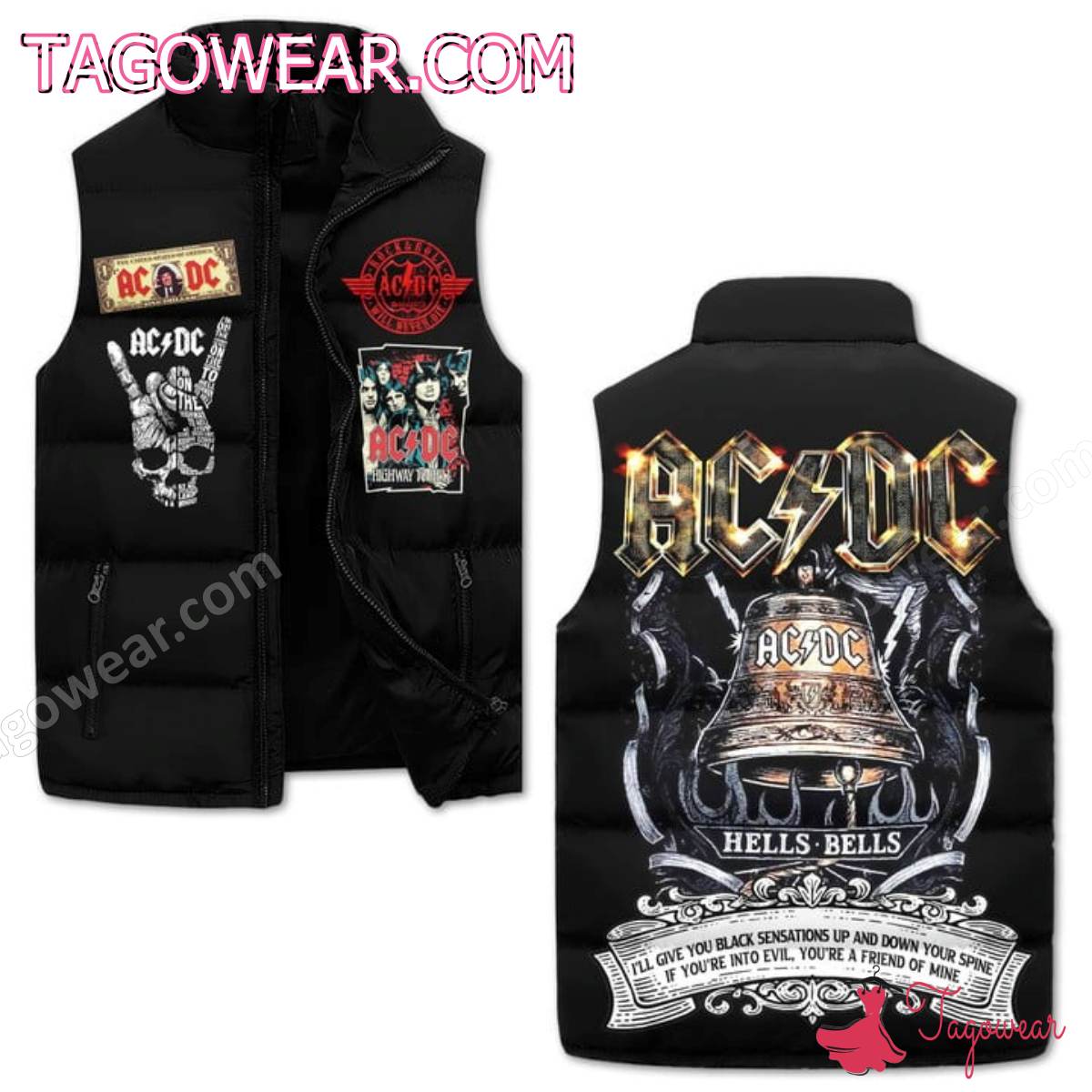 Ac Dc Hells Bells Ill Give You Black Sensations Up And Down Your Spine Puffer Vest