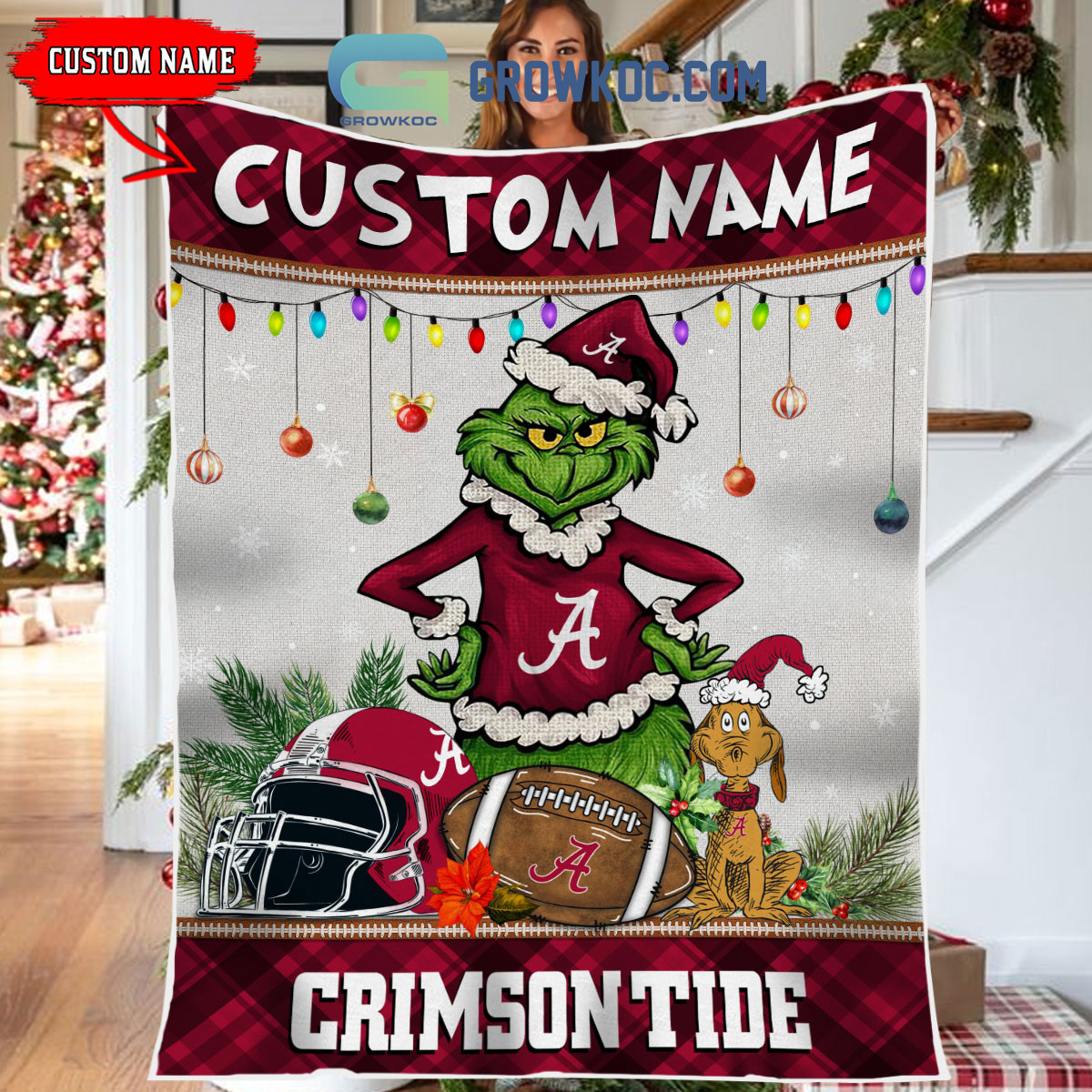 Alabama Crimson Tide Grinch Football Merry Christmas Light Personalized Fleece Blanket Quilt2B1 oK0dc