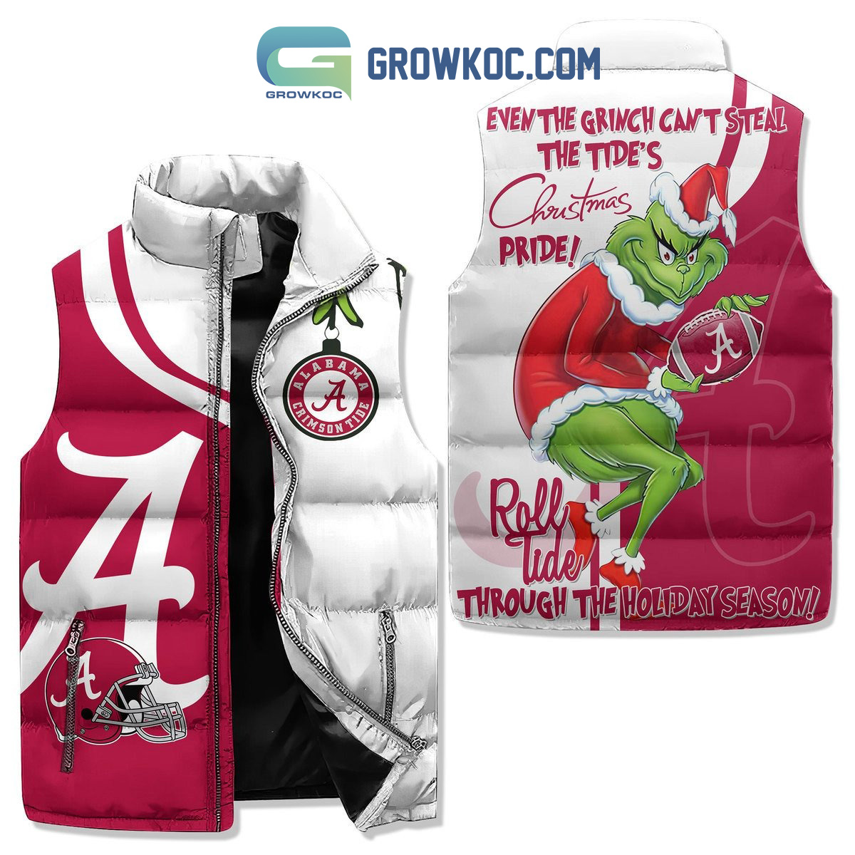 Alabama Crimson Tide Team NFL Roll Tide Even The Grinch Can t Steal The Tide s Chrismas Pride Sleeveless Puffer Jacket2B1 VaPid