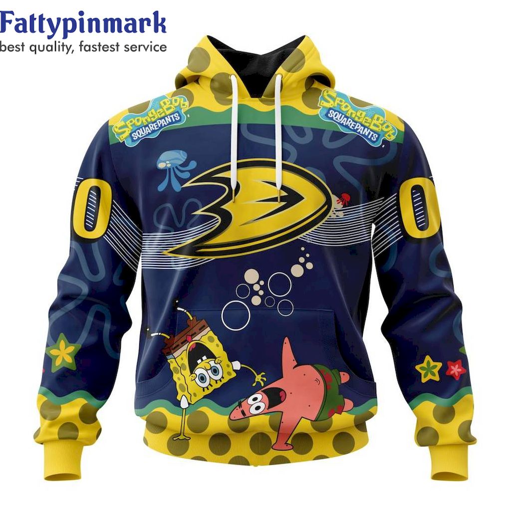 Anaheim Ducks And SpongeBob SquarePants Custom Name Hoodie 3D All Over Prints SpongeBob SquarePants NHL Gift for Fans 1