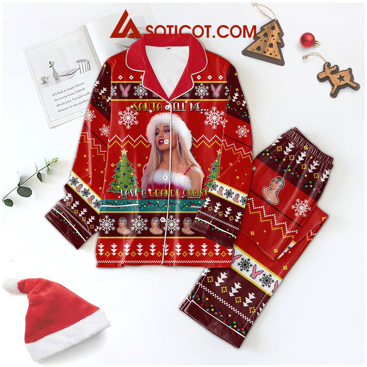 Ariana Grande Santa Tell Me Have A Grande Christmas Let it Snow Holidays Silk Pajamas Set2B1 HTCB7