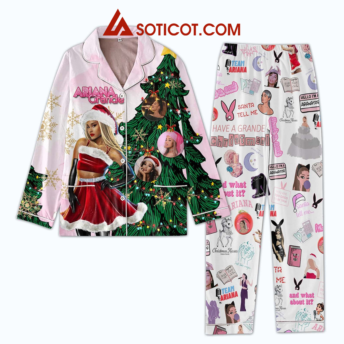 Ariana Grande Under The Tree For Me Santa Tell Me Have A Grande Christmas And What about It Holidays Silk Pajamas Set2B0 zEx8y