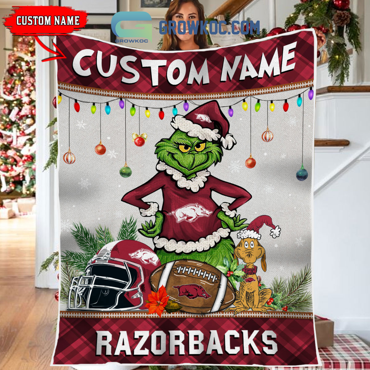 Arkansas Razorbacks Grinch Football Merry Christmas Light Personalized Fleece Blanket Quilt2B1 dxKEc