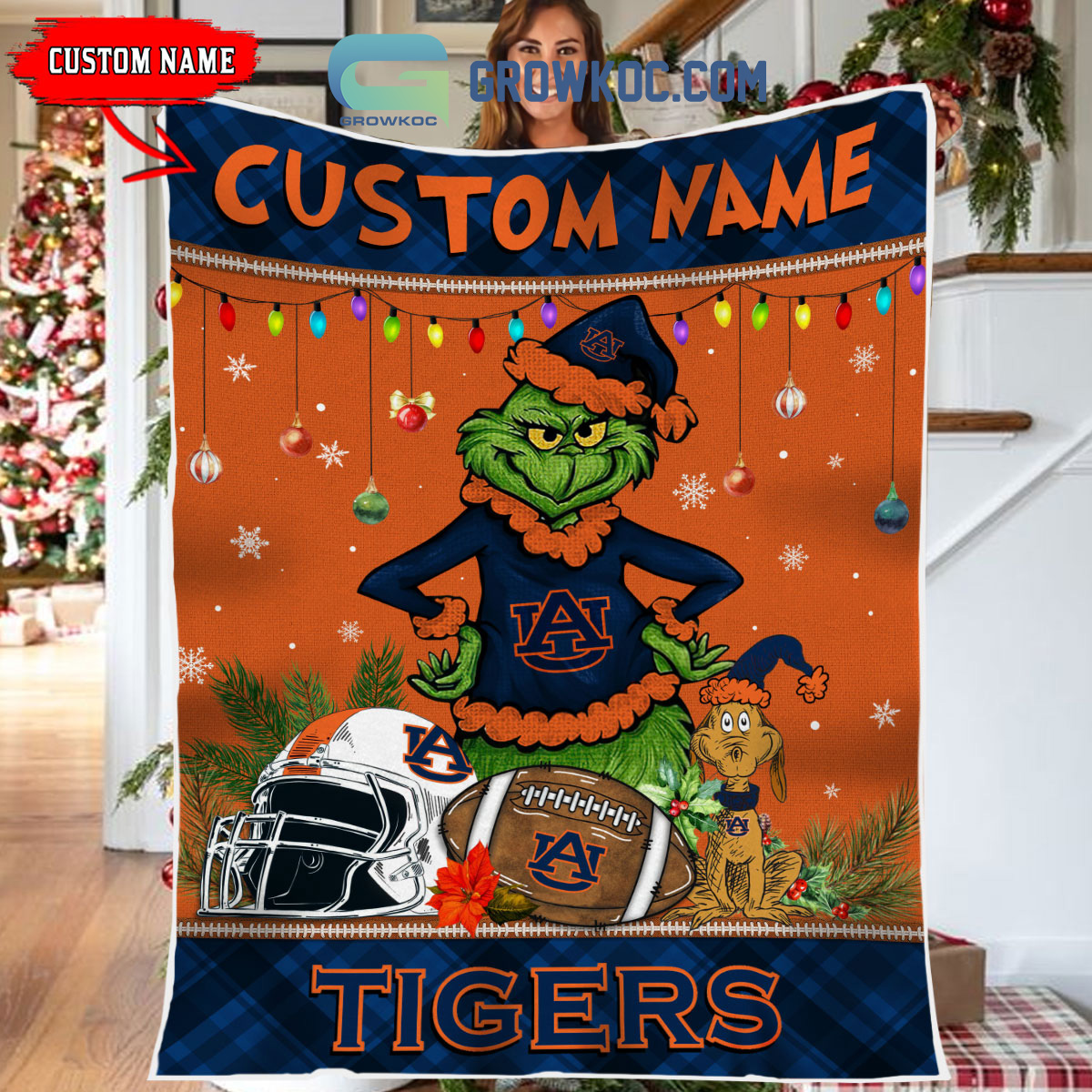 Auburn Tigers Grinch Football Merry Christmas Light Personalized Fleece Blanket Quilt2B1 5OBvU