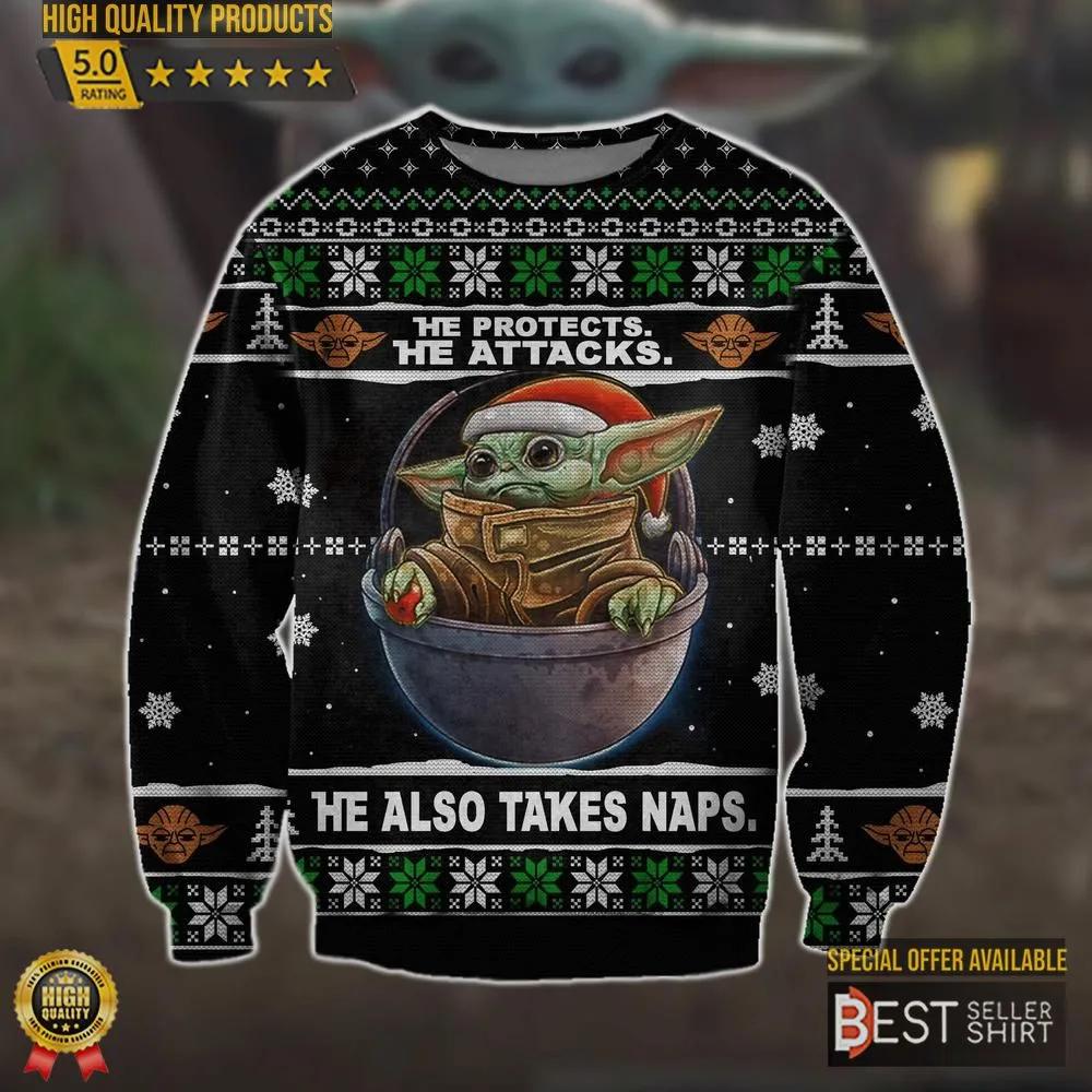 Baby Yoda He Protects He Attacks Ugly Sweater Gifts Baby Yoda Gift Fan Ugly Sweater 1