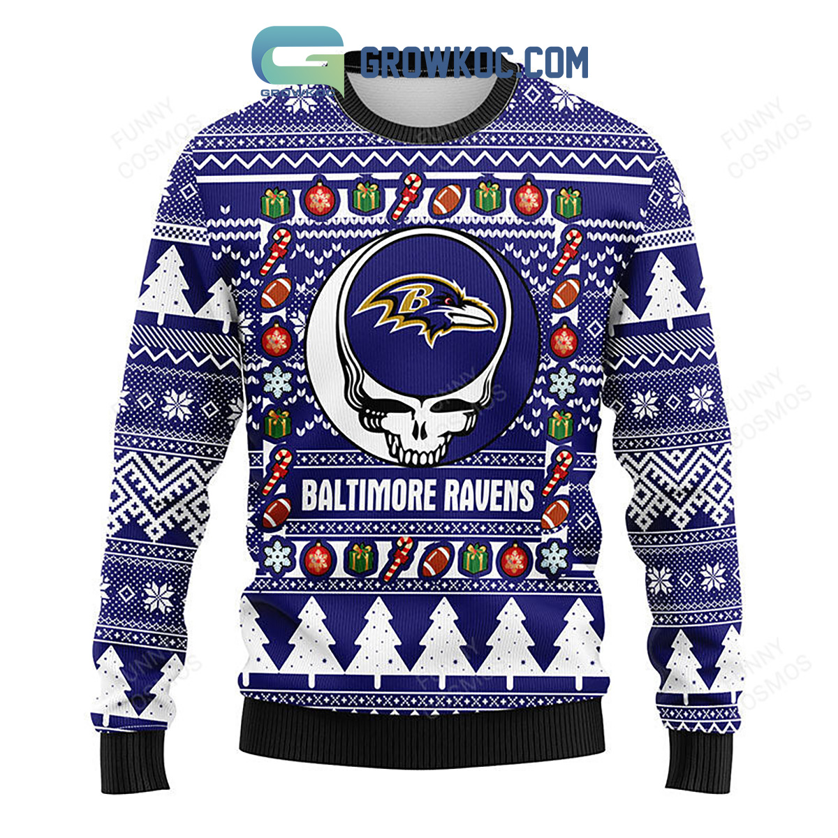 Baltimore Ravens Grateful Dead Ugly Christmas Fleece Sweater2B1 FN9Qz