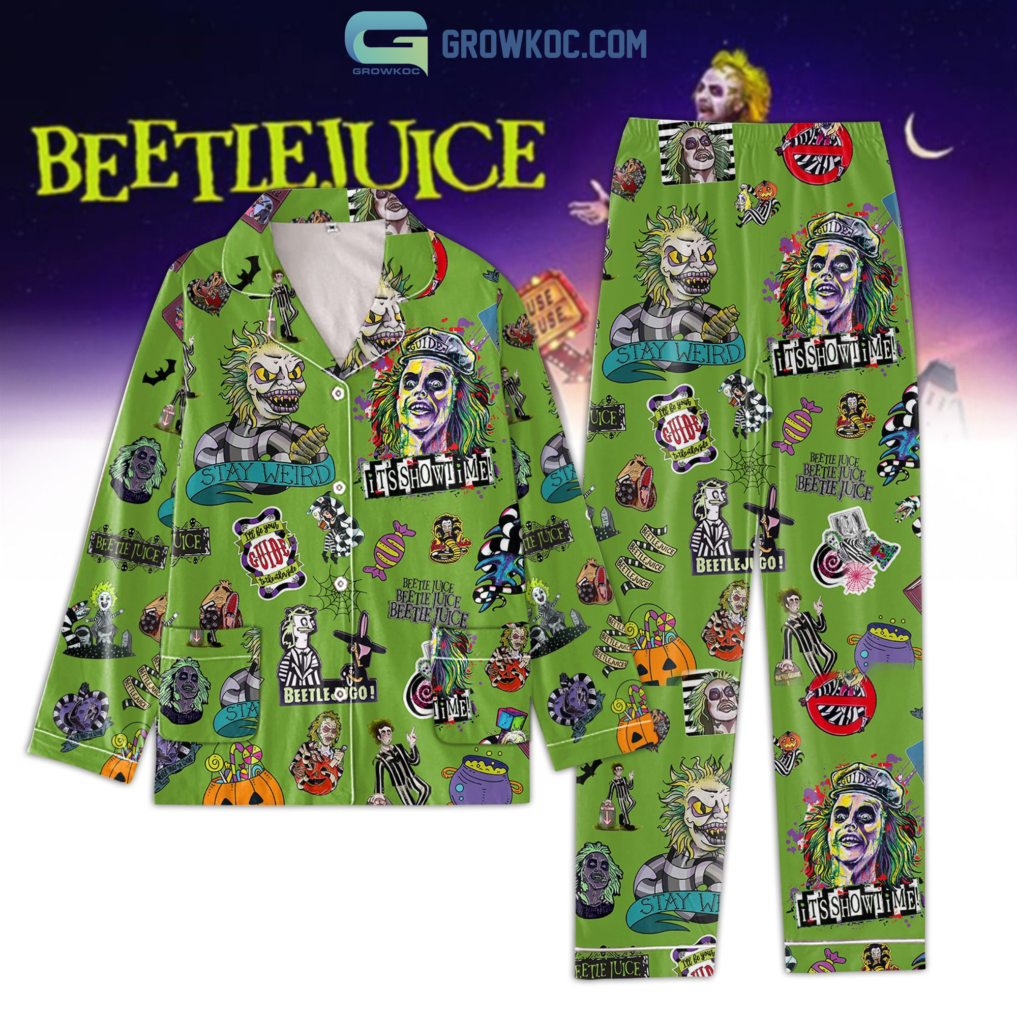 Beetlejuice Its Show Time Green Design Pajamas Set2B1 H4uhU