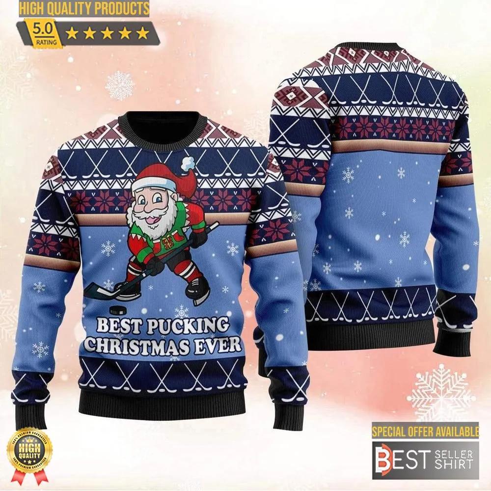 Best Pucking Chirtsmas Ever Blue Hockey Ugly Christmas Sweater 1