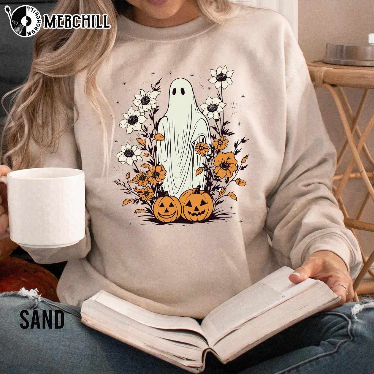 Boho Ghost and Fall Flowers Ladies Halloween Sweatshirt