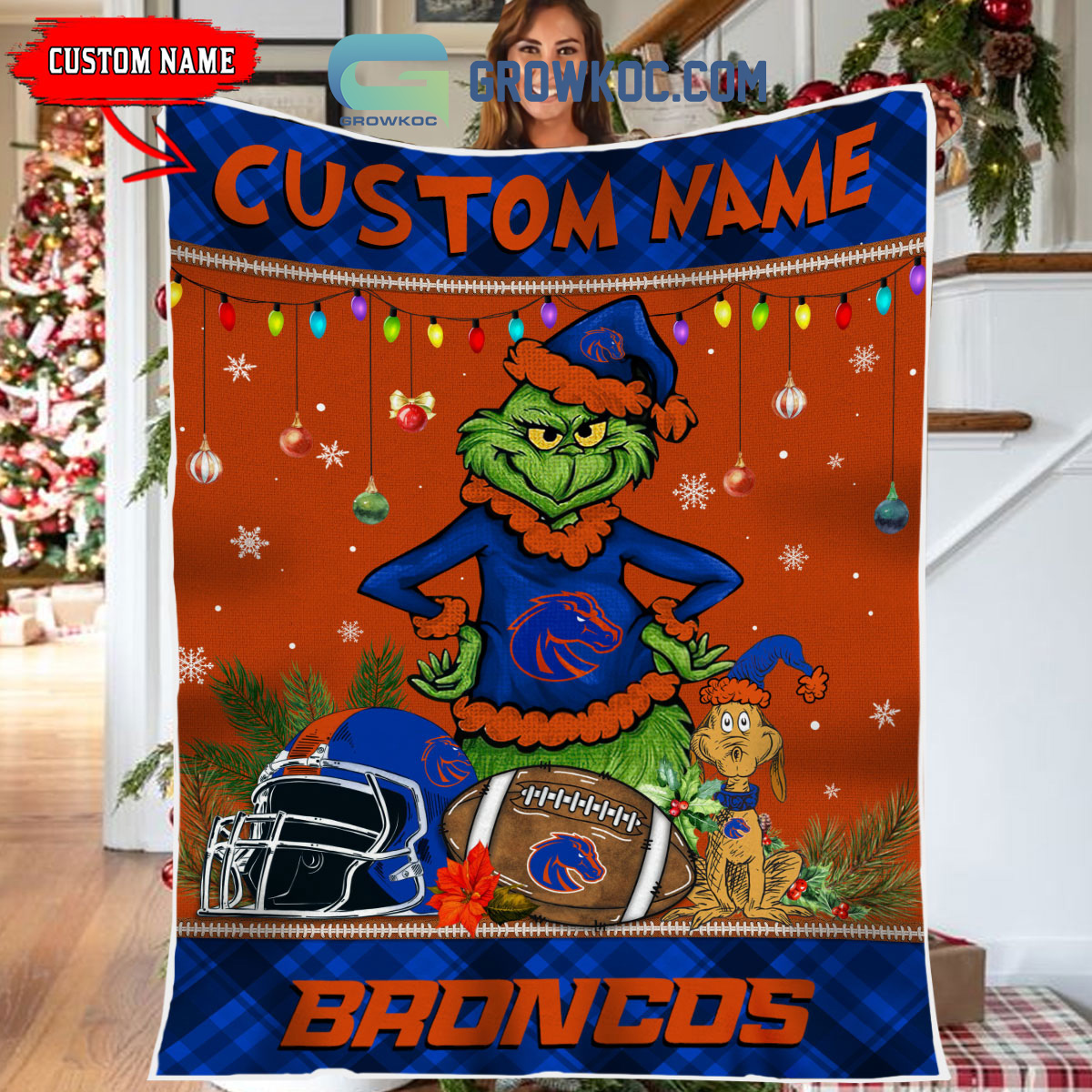 Boise State Broncos Grinch Football Merry Christmas Light Personalized Fleece Blanket Quilt2B1 9K3i5