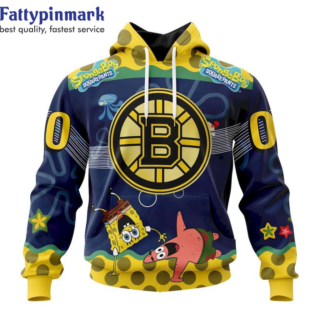 Boston Bruins And SpongeBob SquarePants Custom Name Hoodie 3D All Over Prints SpongeBob SquarePants NHL Gift for Fans 1