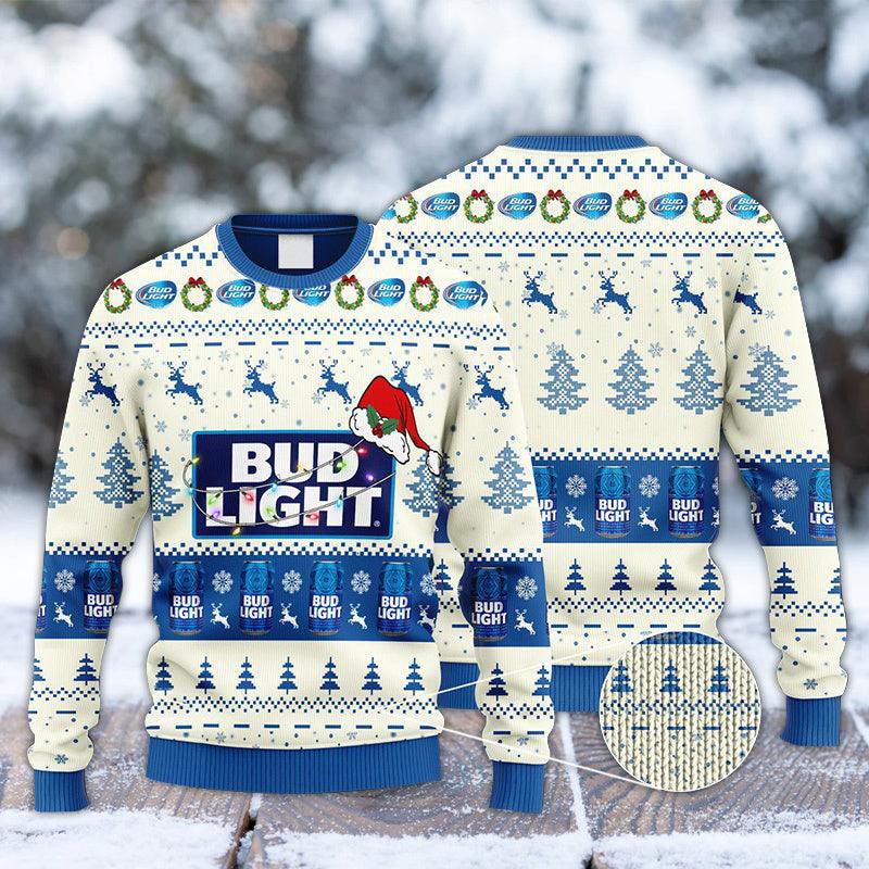 Bud Light Santa Hat Christmas Knitted Ugly Christmas Sweater