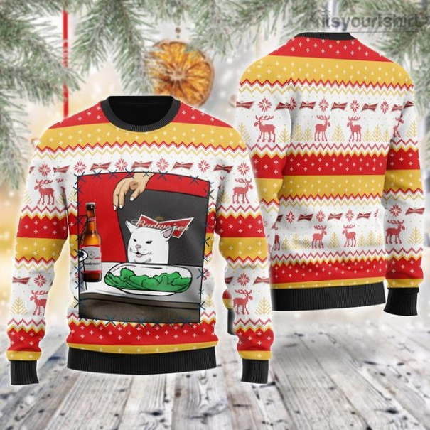 Budweiser Beer Cat Meme Ugly Christmas Sweater