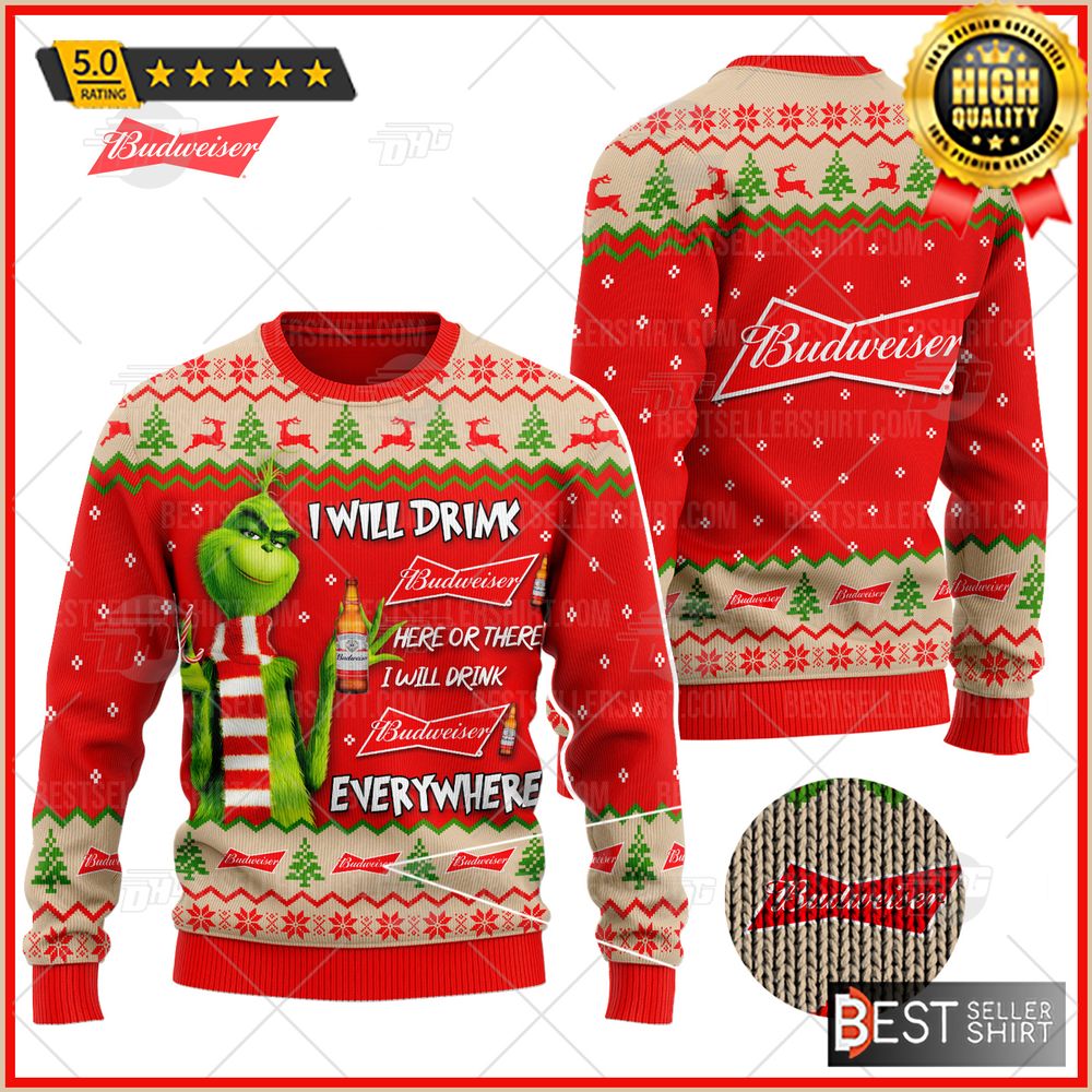 Budweiser Beer Logos Grinch I Will Drink Ugly Sweater