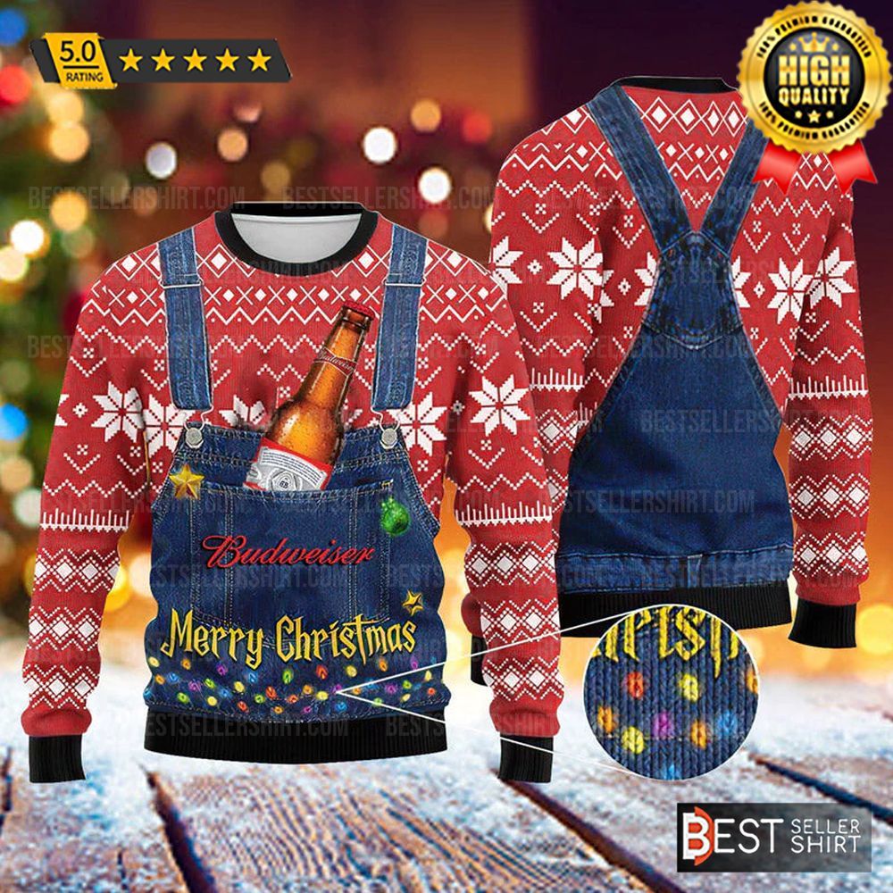 Budweiser Beer Logos Merry Christmas Denim Ugly Sweater