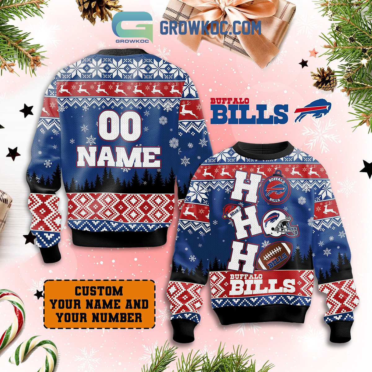 Buffalo Bills Ho Ho Ho Personalized Christmas Ugly Sweater2B1 XBKS8