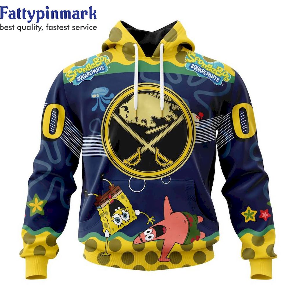 Buffalo Sabres And SpongeBob SquarePants Custom Name Hoodie 3D All Over Prints SpongeBob SquarePants NHL Gift for Fans 1