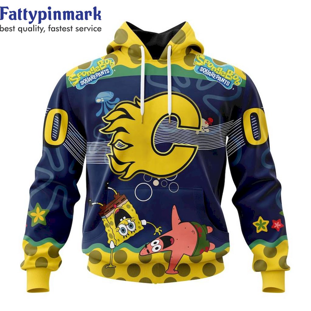 Calgary Flames And SpongeBob SquarePants Custom Name Hoodie 3D All Over Prints SpongeBob SquarePants NHL Gift for Fans 1