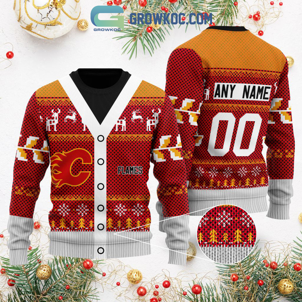 Calgary Flames Supporter Custom Name Number Christmas Holiday Ugly Sweater2B0 CIRBe