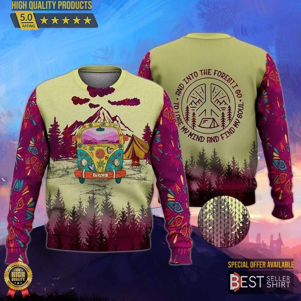 Campervan Into Forest Hippie Camping Ugly Christmas Sweater 1