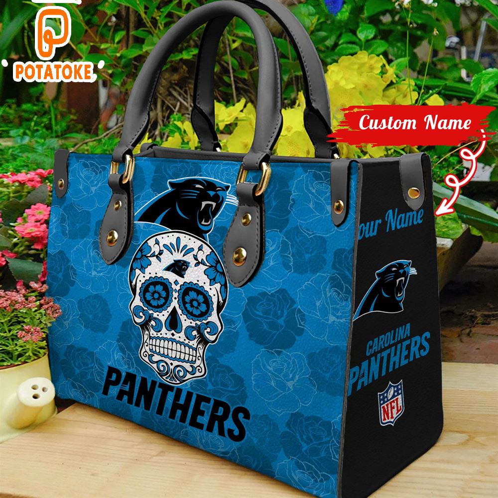 Carolina Panthers NFL Team Sugar Skull Women Leather Hand Bag