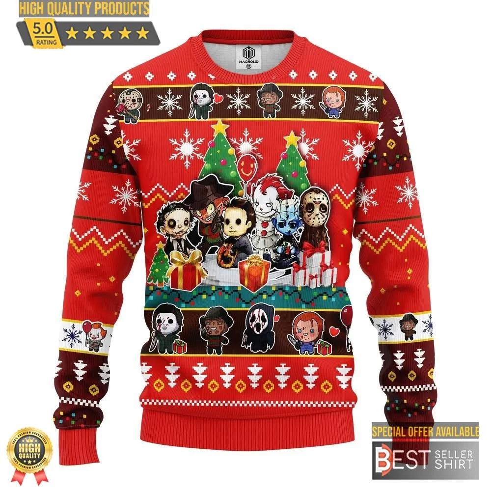 Chibi Horror Movie Characters Halloween Ugly Christmas Sweater 1