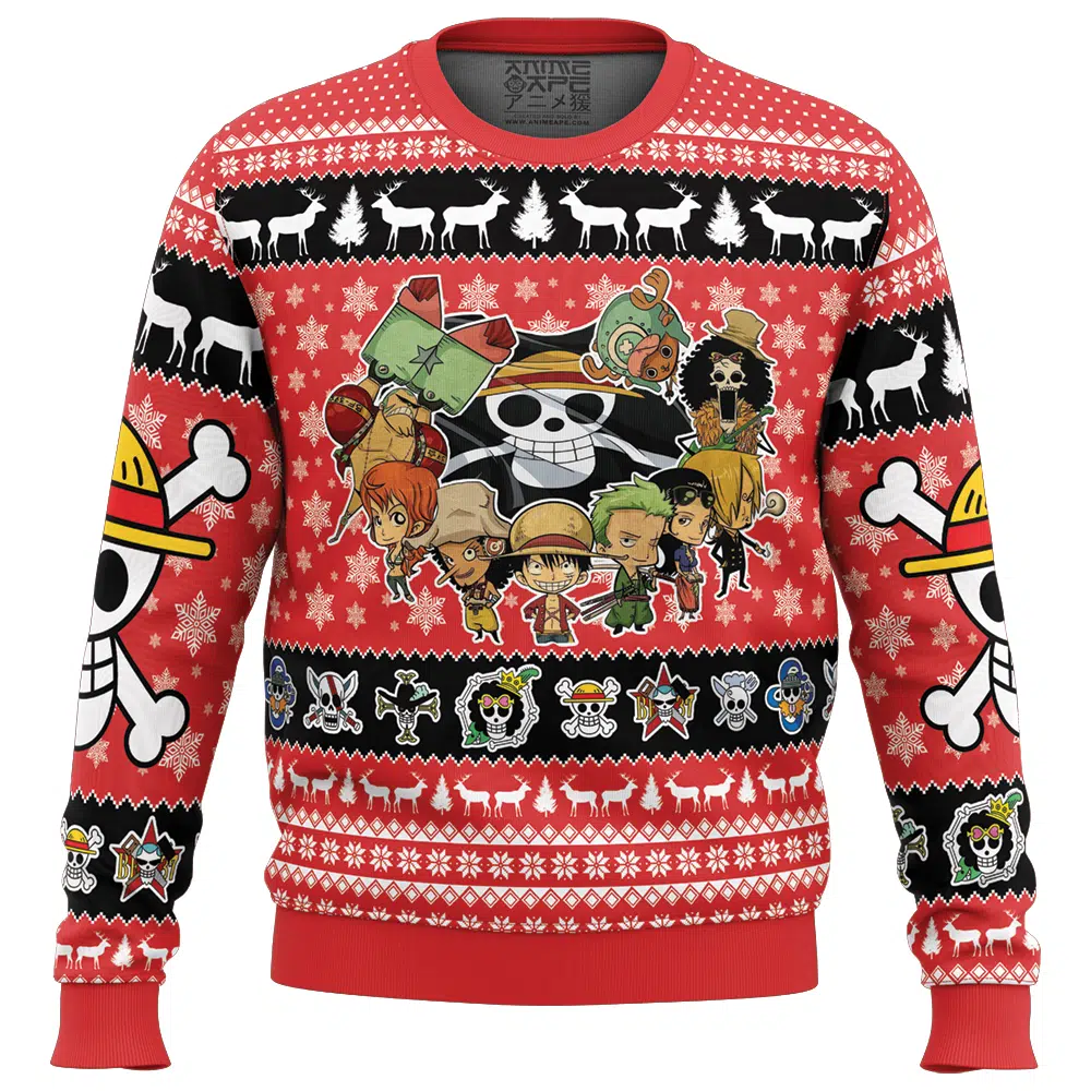 Chibi Straw Hat Pirates One Piece Ugly Christmas Sweater FRONT mockup