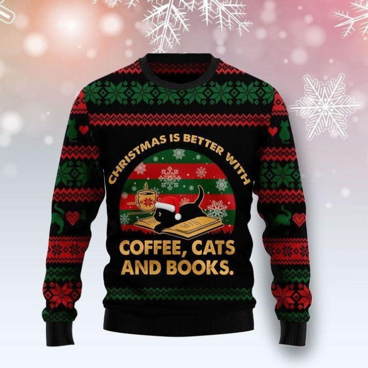 Christmas Better With Cat Coffee Book Christmas Wool Knitted 3D Sweater