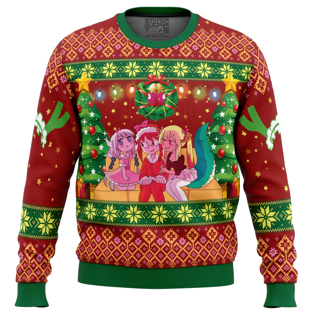 Christmas Family Miss Kobayashis Dragon Maid Ugly Christmas Sweaters FRONT mockup