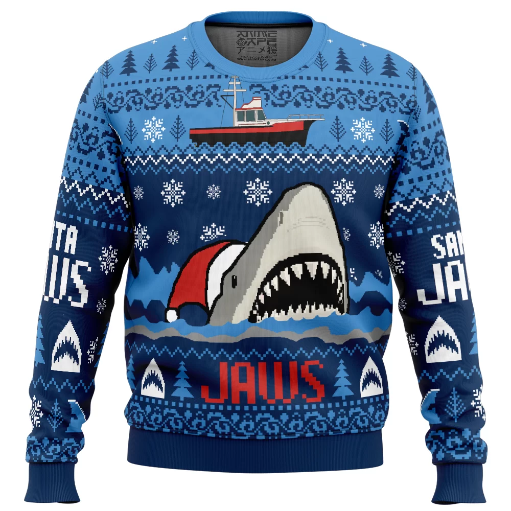 Christmas Shark Santa Jaws Ugly Christmas Sweater FRONT mockup