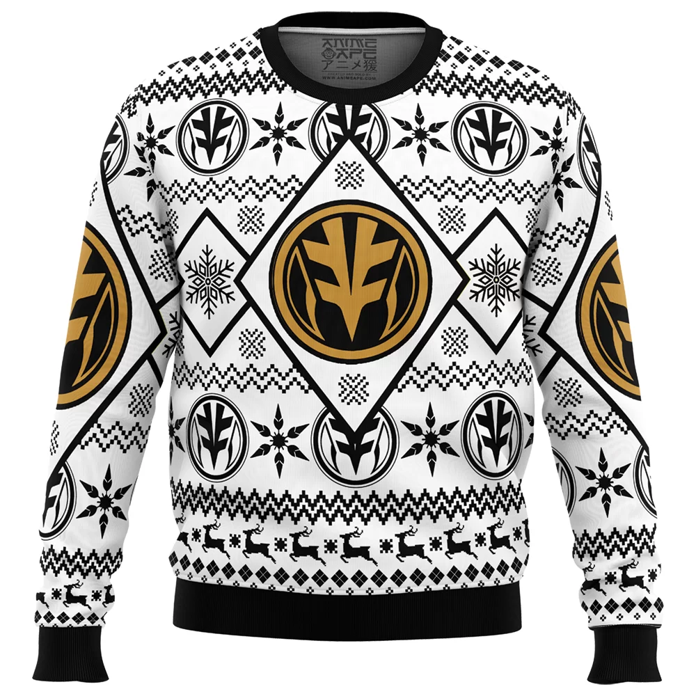 Christmas White Ranger Power Rangers Ugly Christmas Sweater FRONT mockup