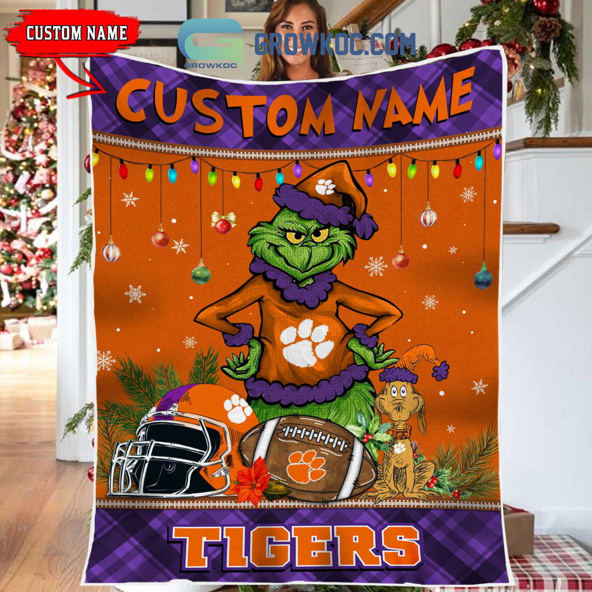 Clemson Tigers Grinch Football Merry Christmas Light Personalized Fleece Blanket Quilt2B1 L8OyH