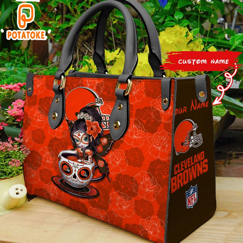 Cleveland Browns Sugar Skull Girl Women Leather Hand Bag