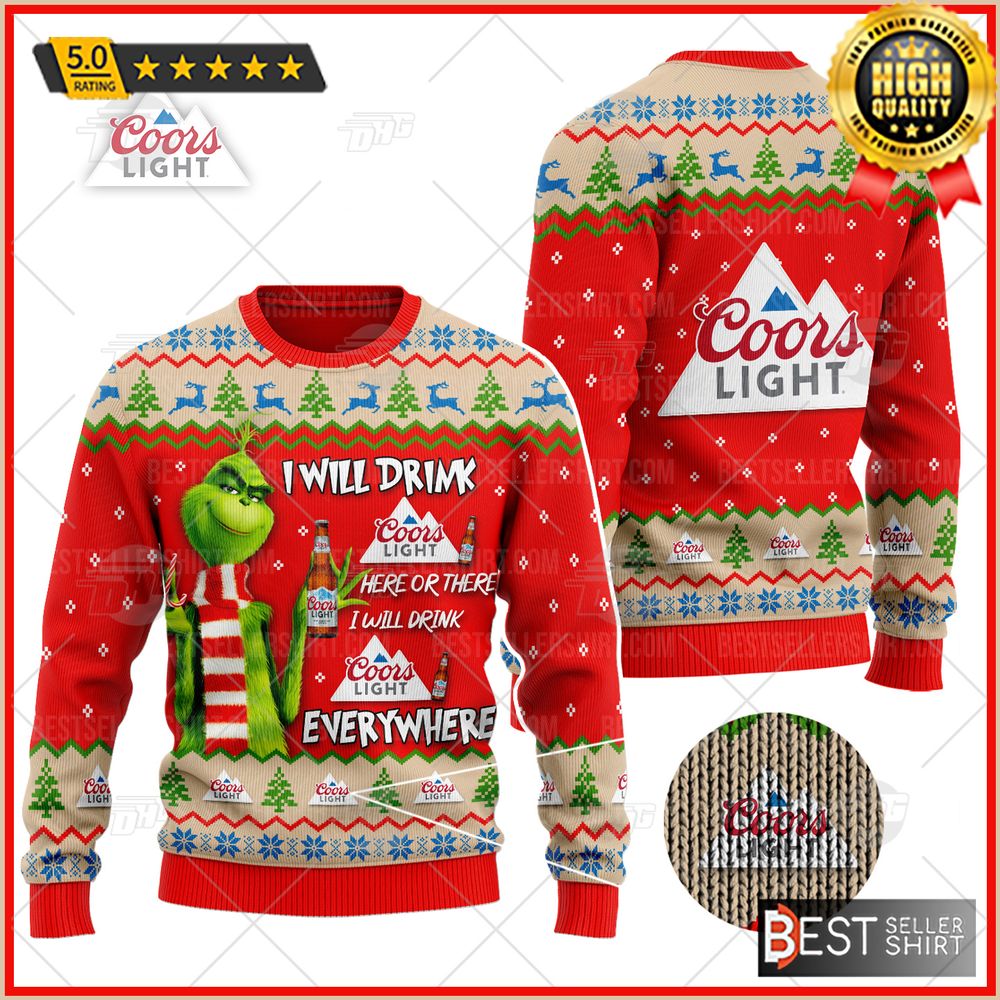 Coors Light Beer Logos Grinch I Will Drink Here Christmas Ugly Sweater 1