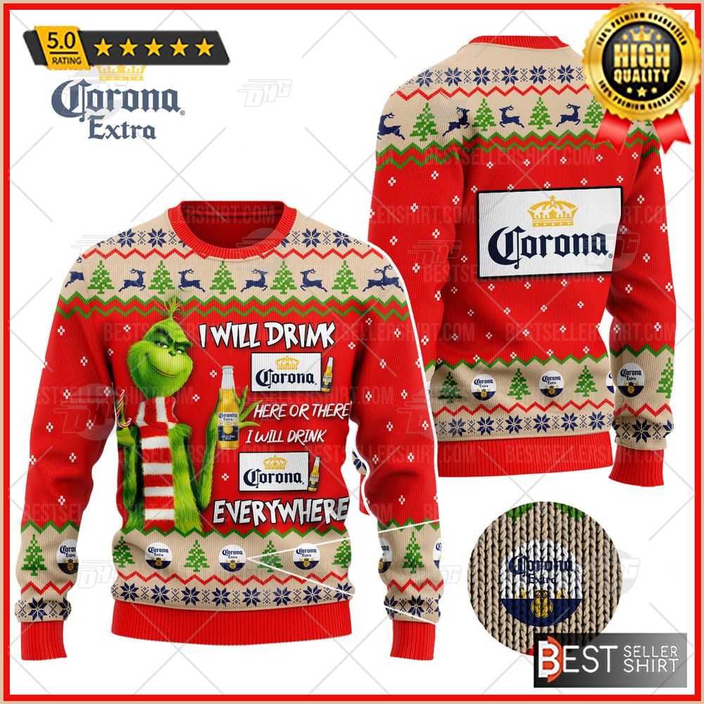 Corona Beer Logos Grinch I Will Drink Here Christmas Ugly Sweater 1