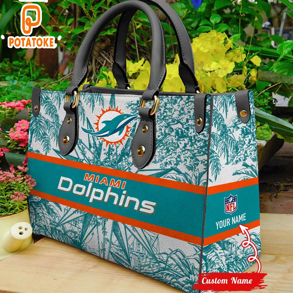 Custom Name Miami Dolphins NFL Women Leather Hand Bag