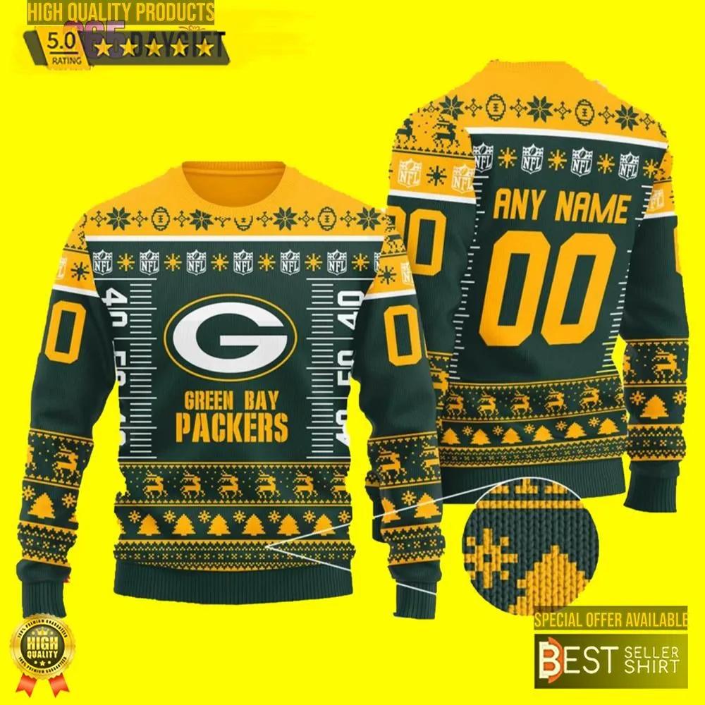 Custom Name Number NFL Logo Green Bay Packers Ugly Christmas Sweater 1