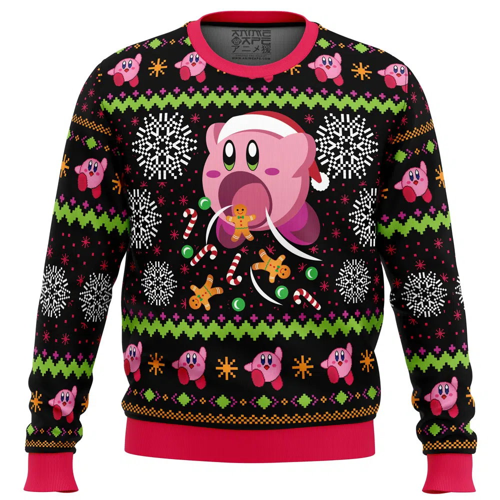 Cute Pink Hungry Kirby Ugly Christmas Sweater FRONT mockup