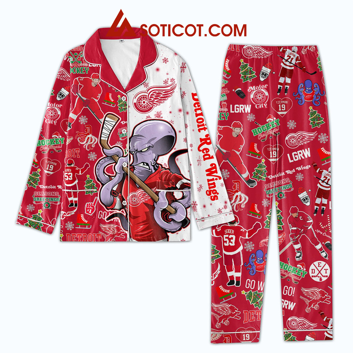 Detroit Red Wings NHL Hockey Christmas LGRW Season Greetings Holidays Christmas Silk Pajamas Set2B1 OyoLK