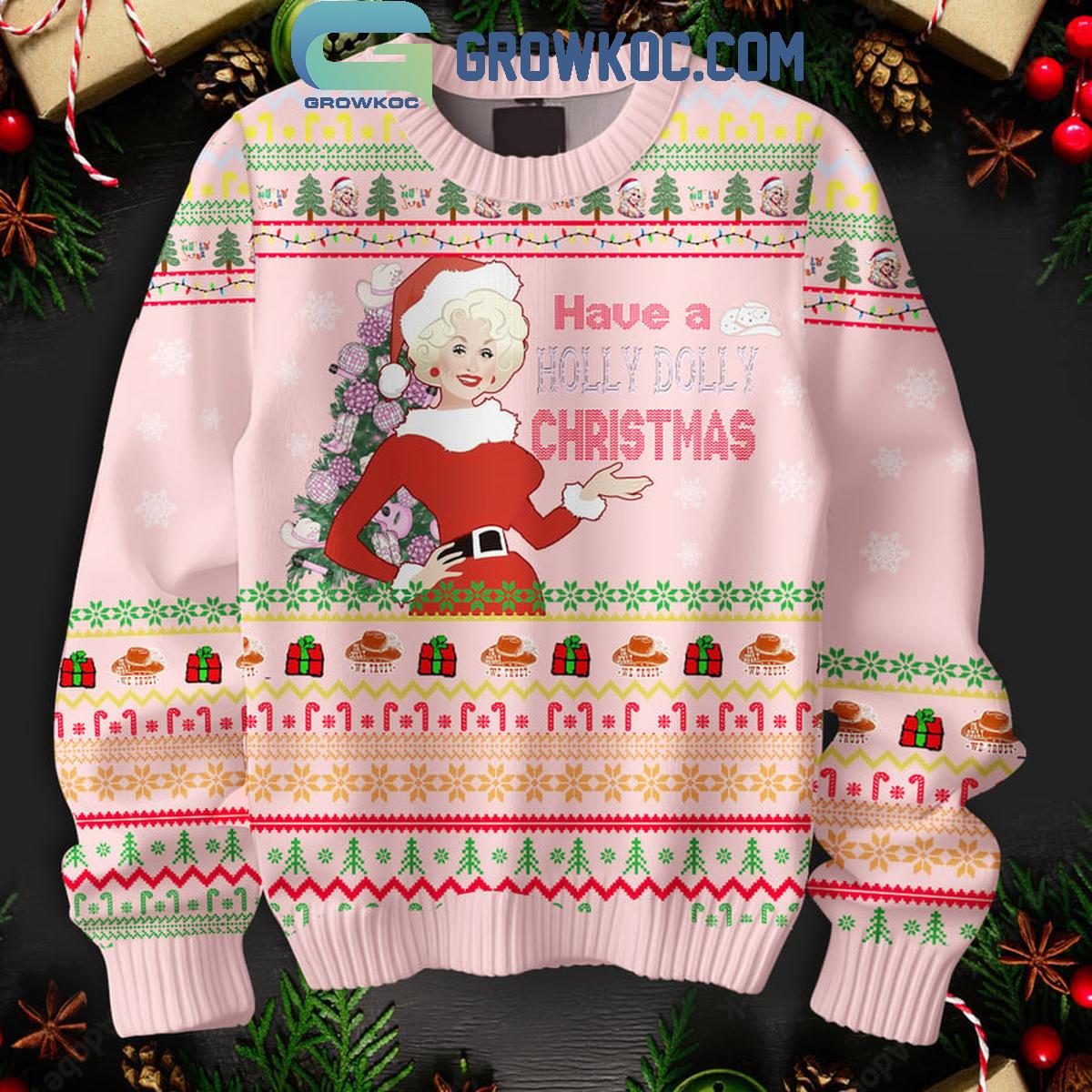 Dolly Parton Have A Holly Dolly Christmas Ugly Sweater Light Pink Version 1 mey0n