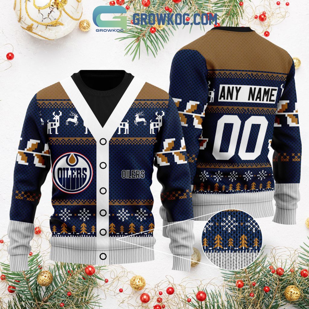 Edmonton Oilers Supporter Custom Name Number Christmas Holiday Ugly Sweater2B0 edozX