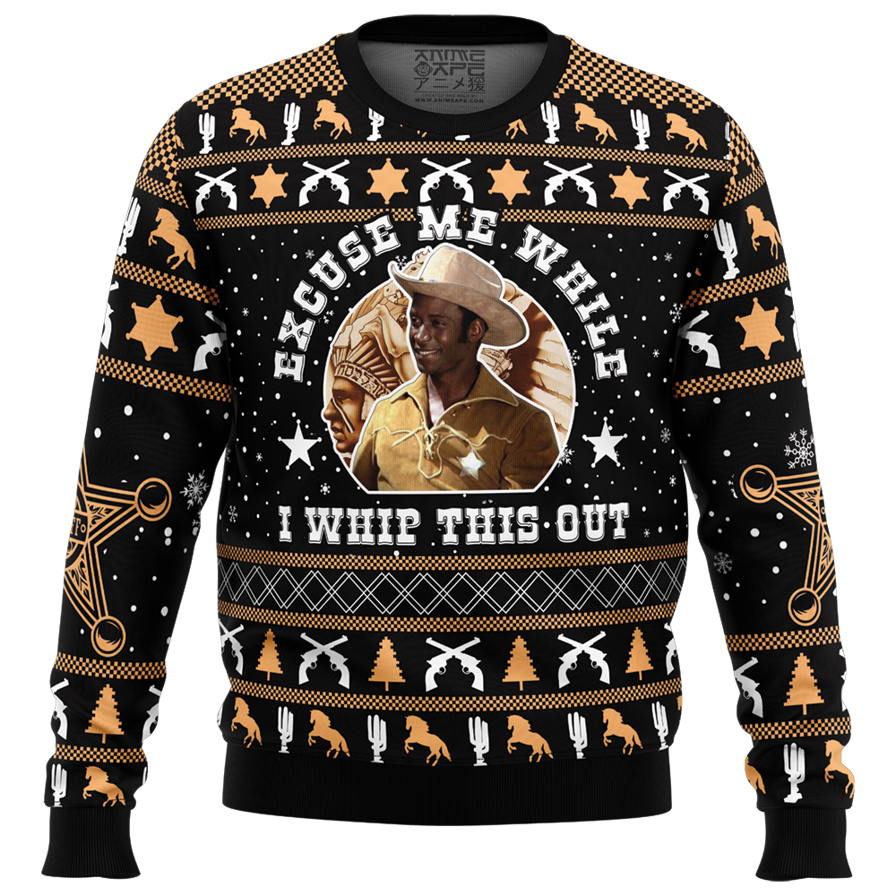 Excuse Me While I Whip This Out Blazing Saddles Ugly Christmas Sweater FRONT mockup