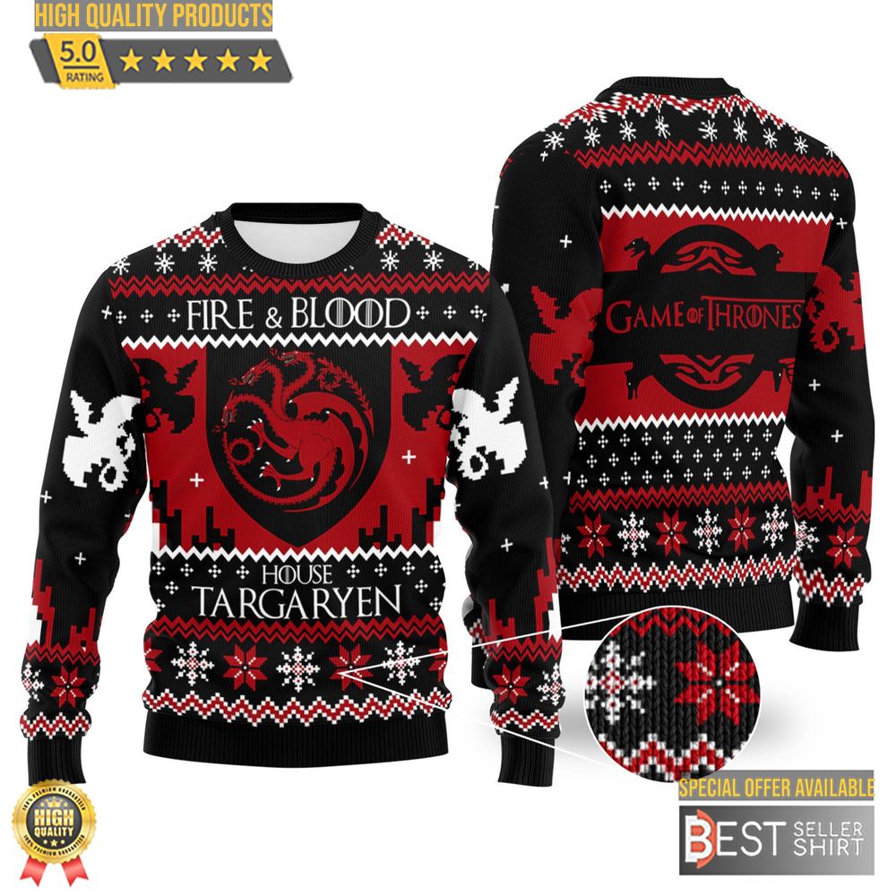 Fire And Blood House Targaryen Ugly Christmas Sweatshirt Arya Stark Game Thrones Ugly Sweater 1