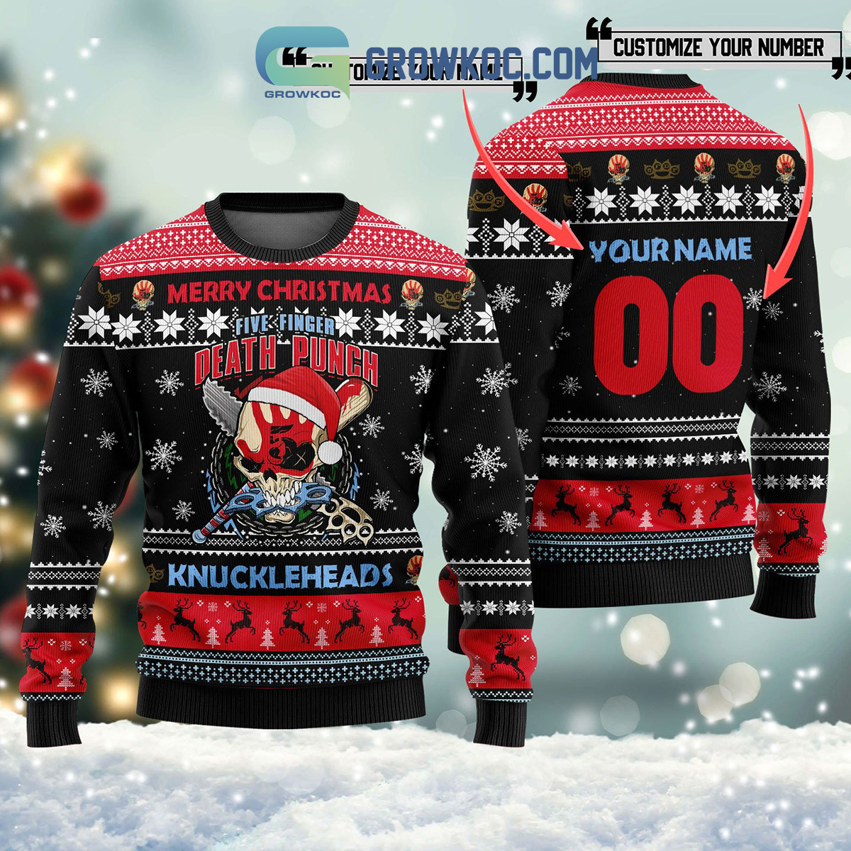 Five Finger Death Punch Merry Christmas Knuckleheads Custom Name Number Personalization Christmas Ugly Sweater2B1 Zg5ps