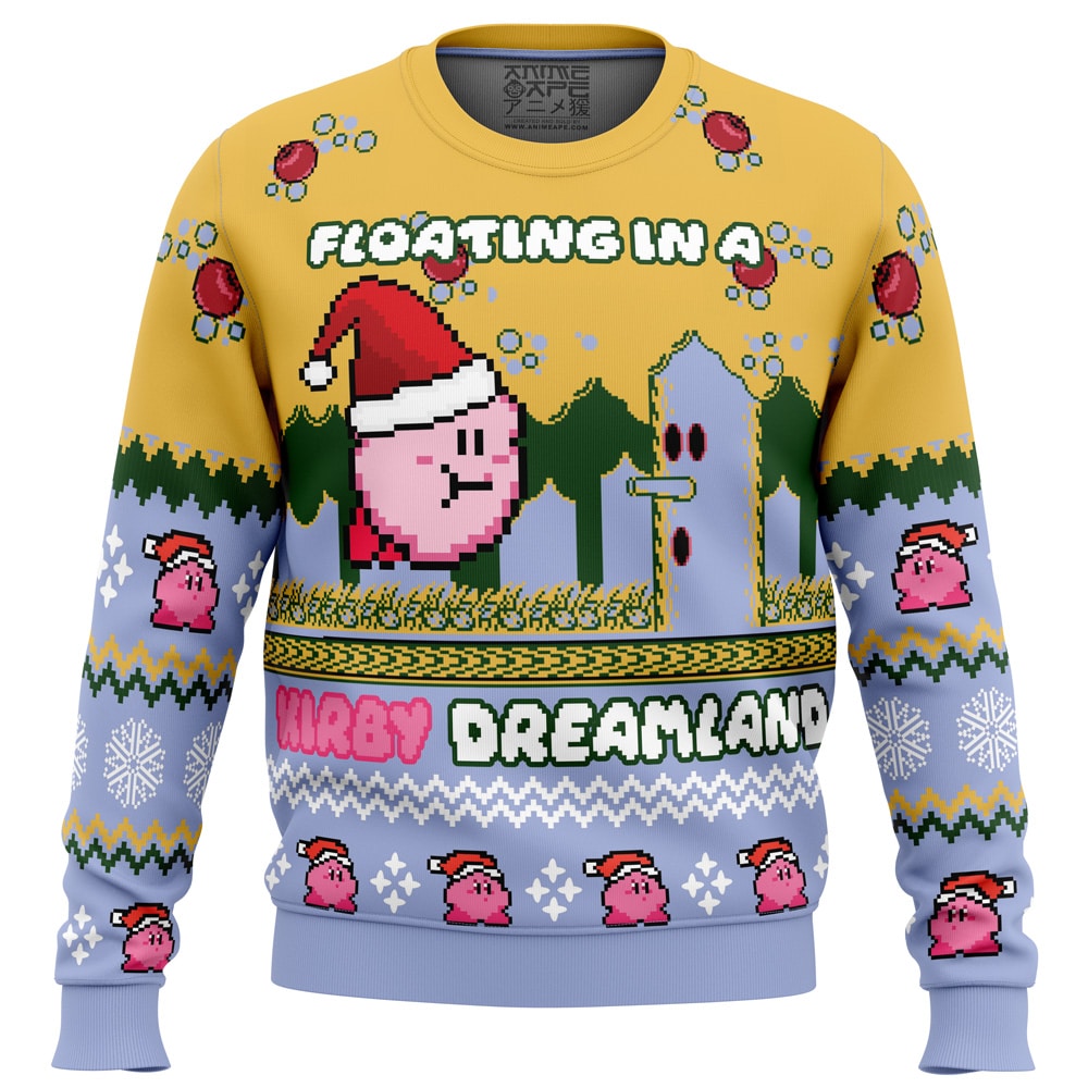 Floating in a Kirby Dreamland PC Ugly Christmas Sweater front mockup