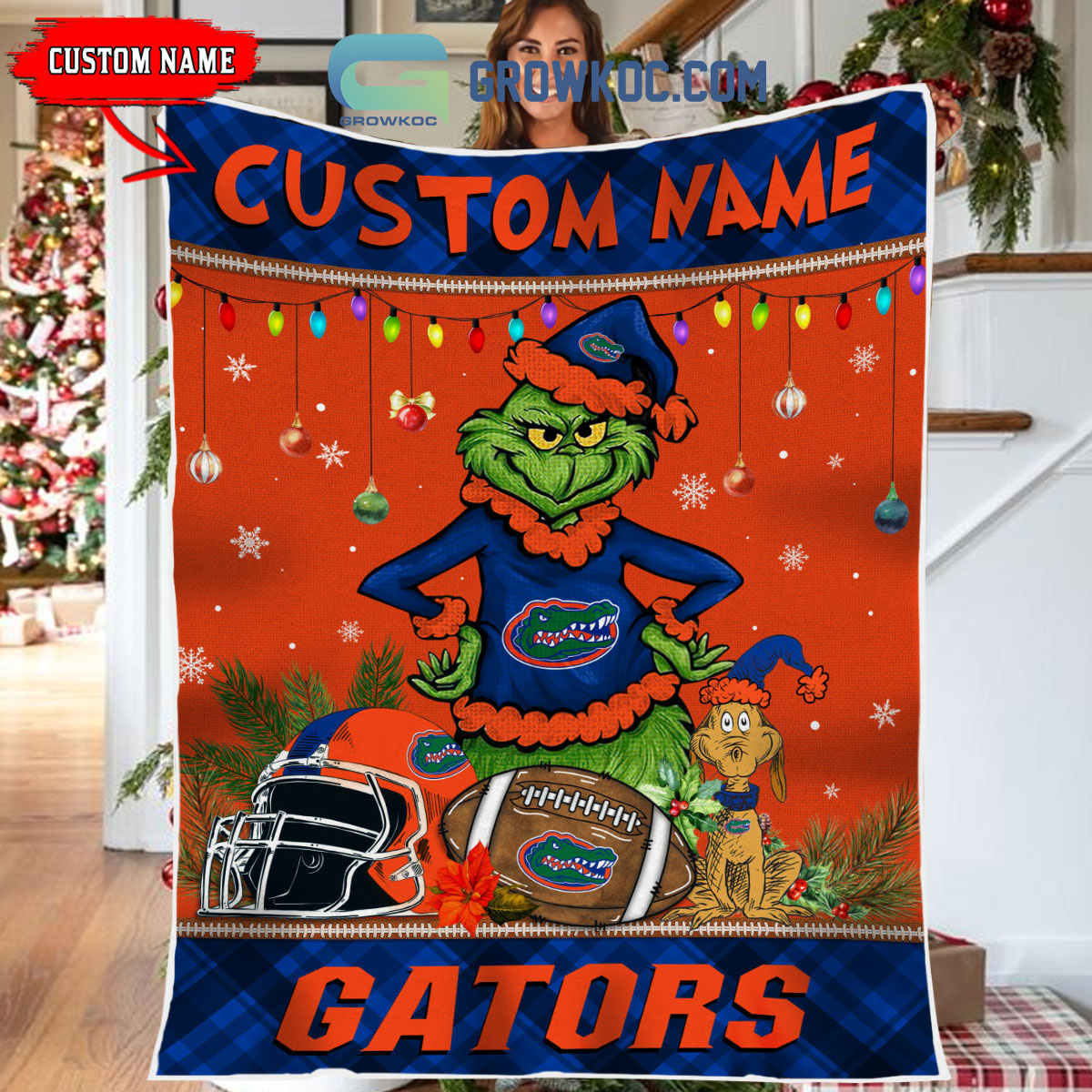 Florida Gators Grinch Football Merry Christmas Light Personalized Fleece Blanket Quilt2B1 NZOQM