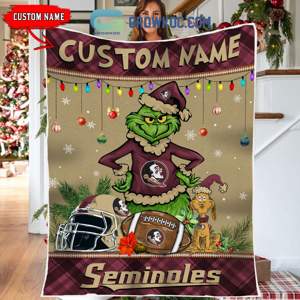 Florida State Seminoles Grinch Football Merry Christmas Light Personalized Fleece Blanket Quilt2B1 mlgkN